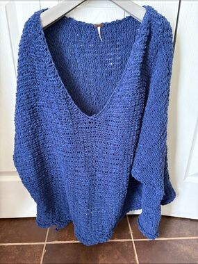 Free People Open-Knit Deep V-Neck Sweater in Royal Blue, oversized